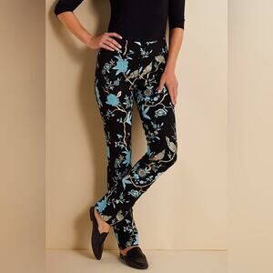 Soft Surroundings L Black Slim Ankle Pants Gold Bird Blue Floral Chinoiserie